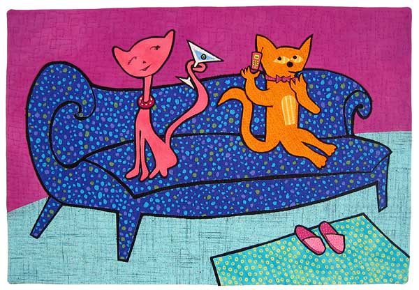 Cell Cat on a Date - art quilt by Pam RuBert