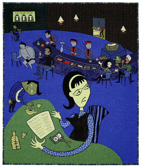 Whine & Dine at Sushi Zen - art quilt by Pam RuBert